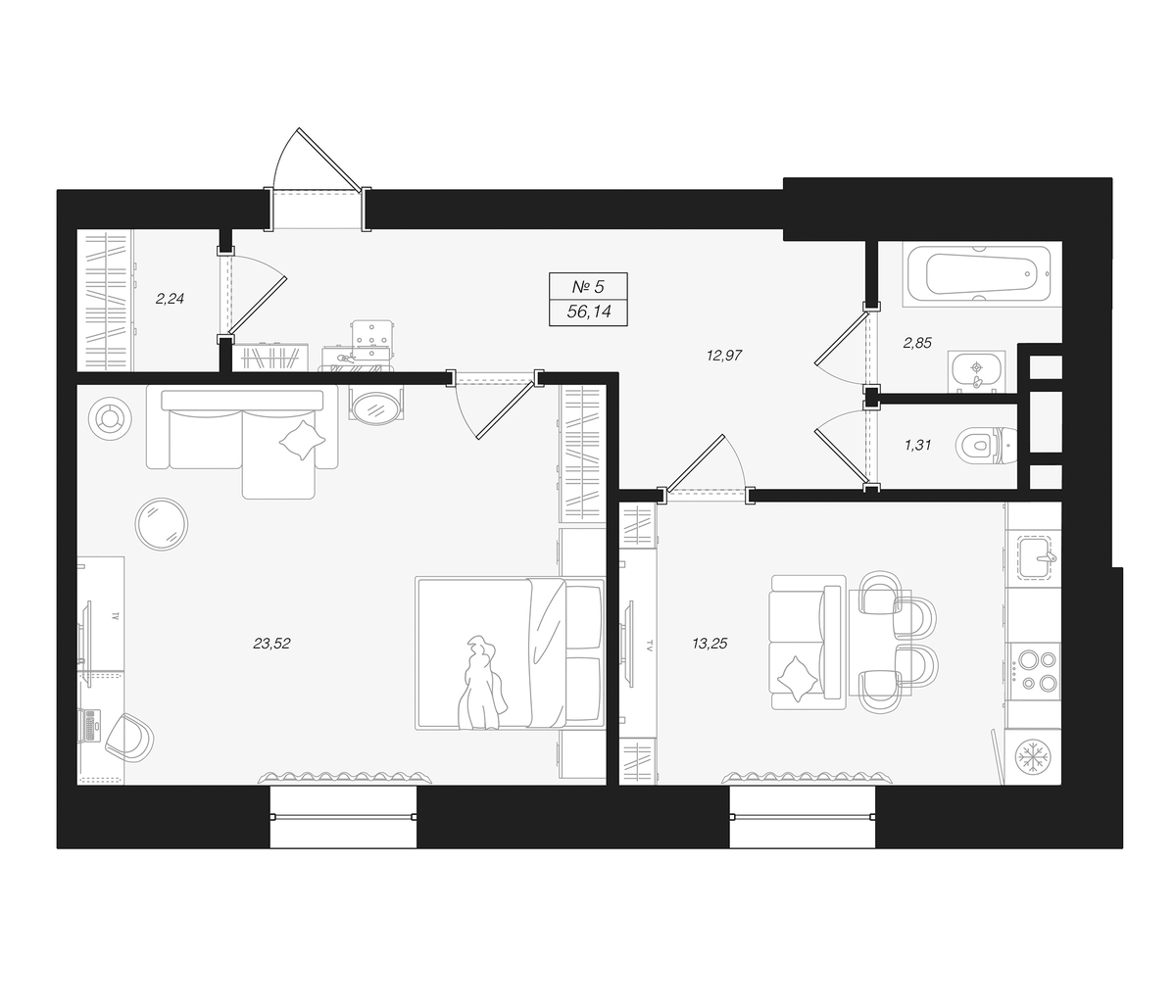 Планировка евродвушка (2Е) 56.14 м² в ЖК «Феникс Рощино», корпус 1