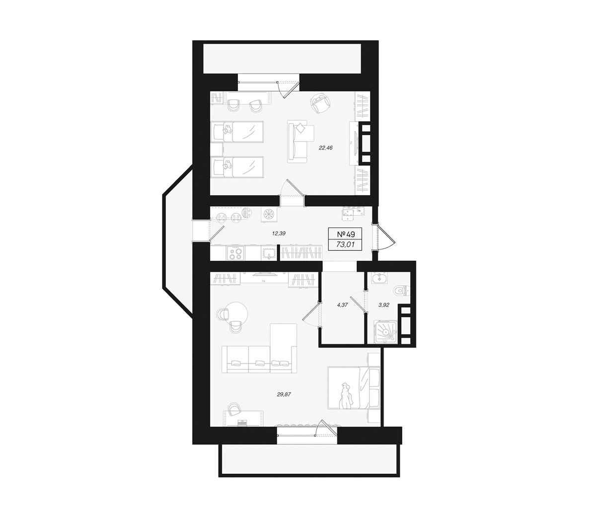 Планировка двухкомнатная 79.86 м² в ЖК «Феникс Рощино», корпус 1