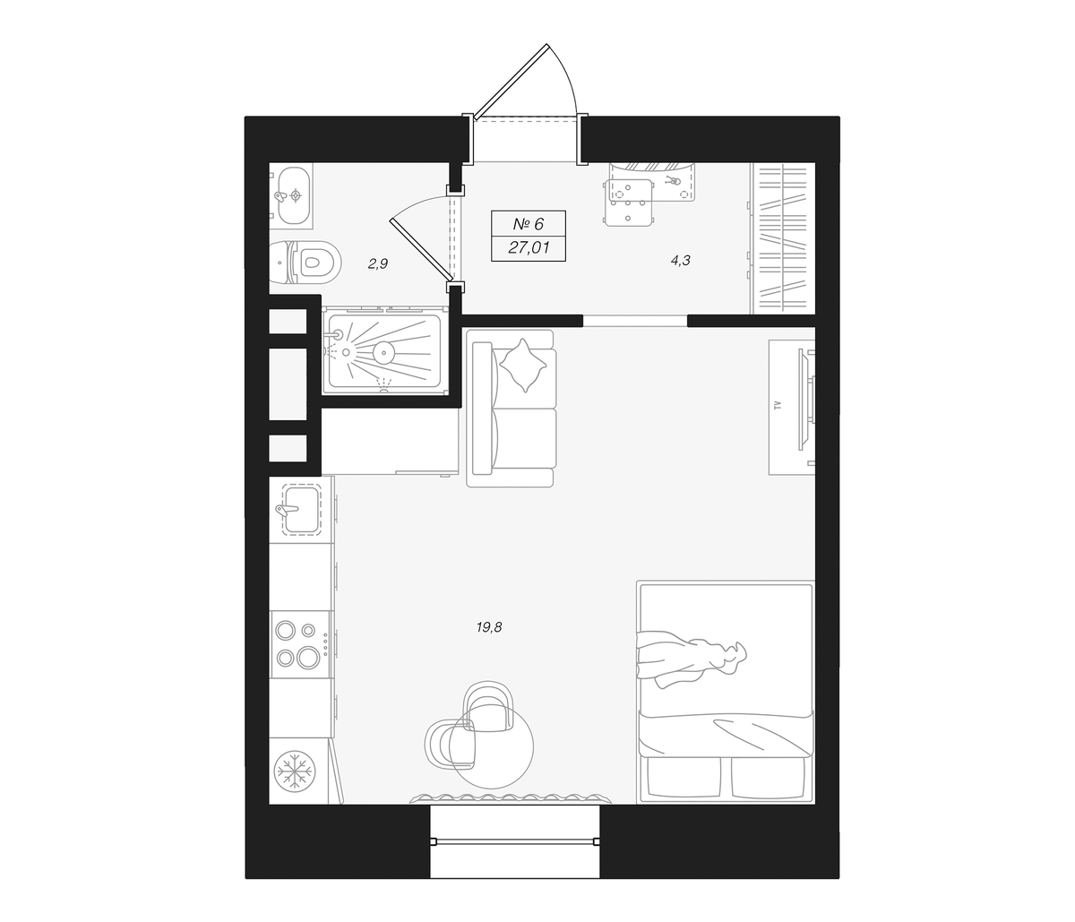 Планировка Студии 27.01 м² в ЖК «Феникс Рощино», корпус 1