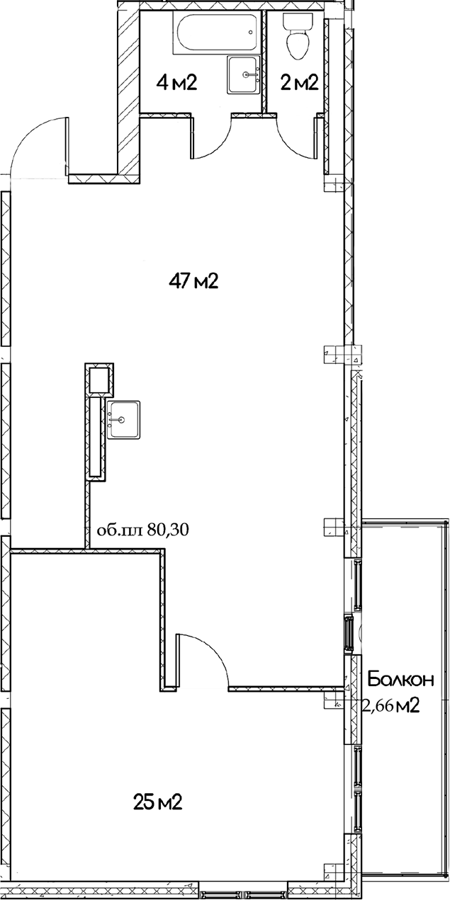 Планировка однокомнатная 80.3 м² в ЖК «Феникс», корпус 1
