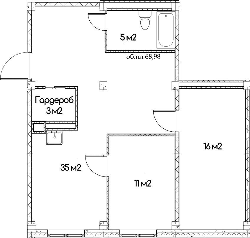Планировка двухкомнатная 68.98 м² в ЖК «Феникс», корпус 1