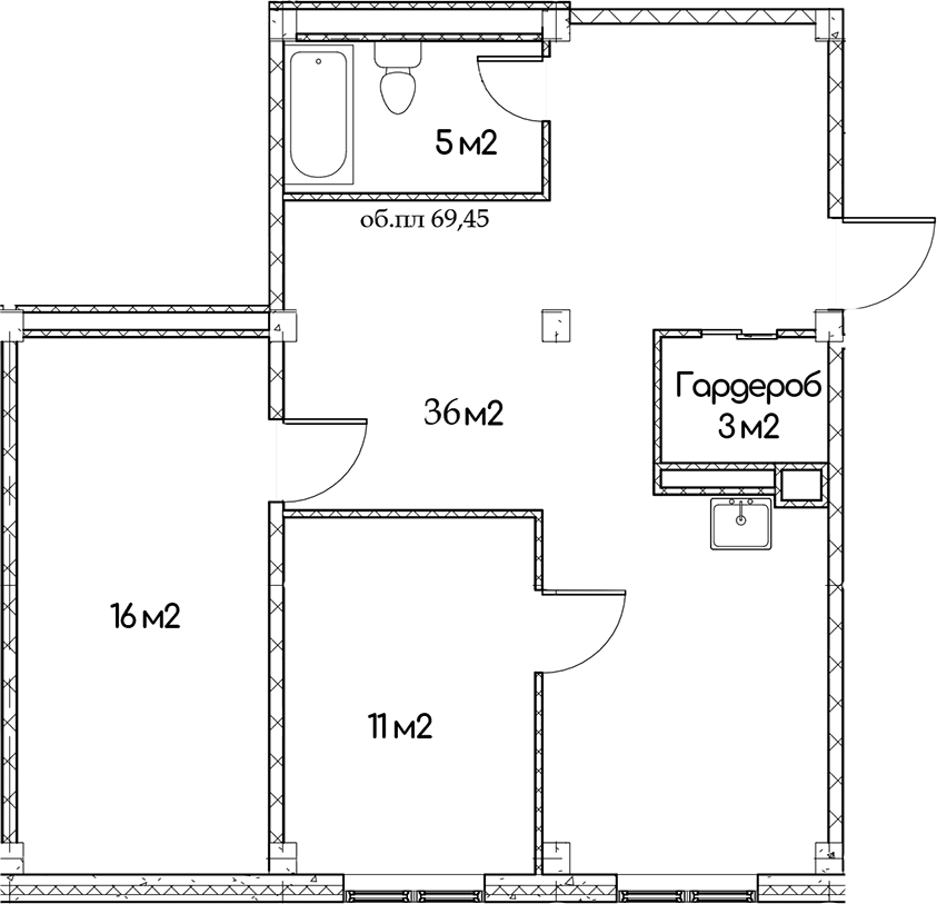 Планировка двухкомнатная 69.45 м² в ЖК «Феникс», корпус 1