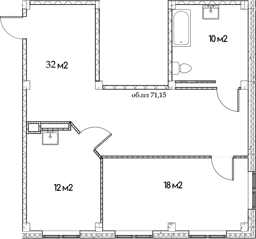 Планировка двухкомнатная 71.15 м² в ЖК «Феникс», корпус 1