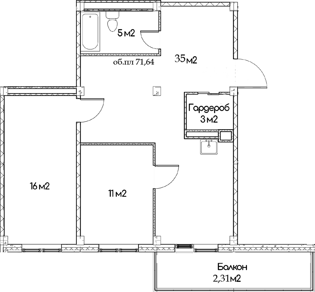 Планировка двухкомнатная 71.64 м² в ЖК «Феникс», корпус 1