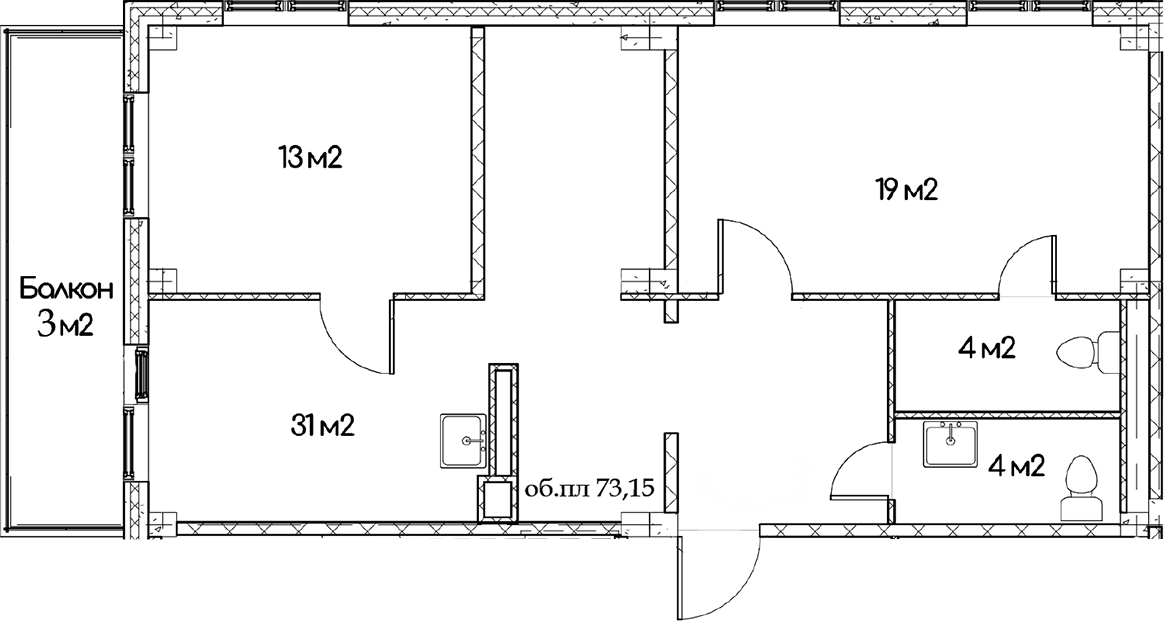 Планировка двухкомнатная 73.15 м² в ЖК «Феникс», корпус 1