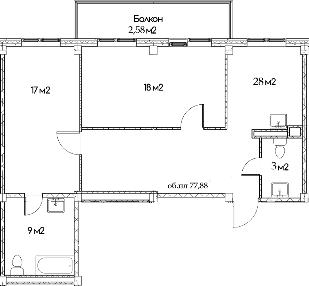 Планировка двухкомнатная 77.88 м² в ЖК «Феникс», корпус 1