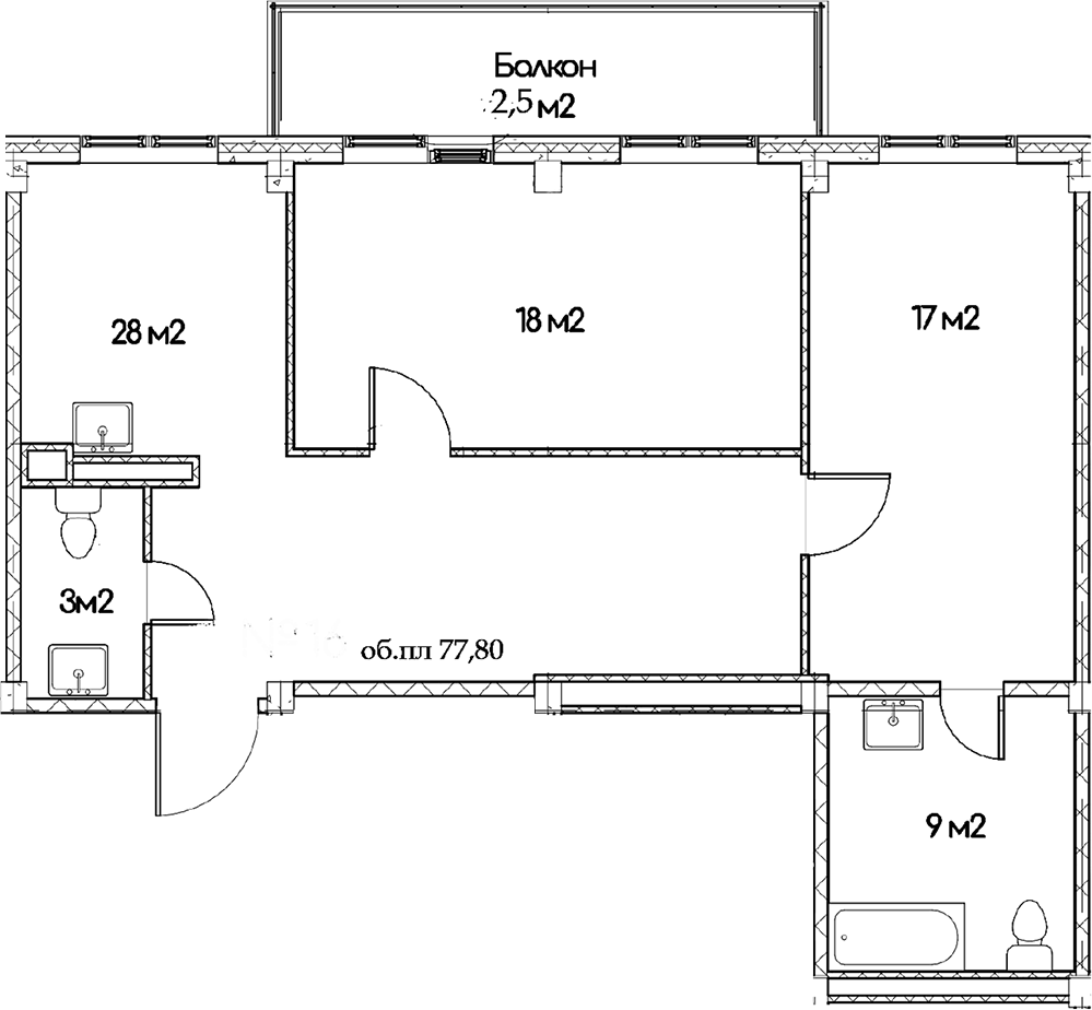 Планировка двухкомнатная 77.8 м² в ЖК «Феникс», корпус 1