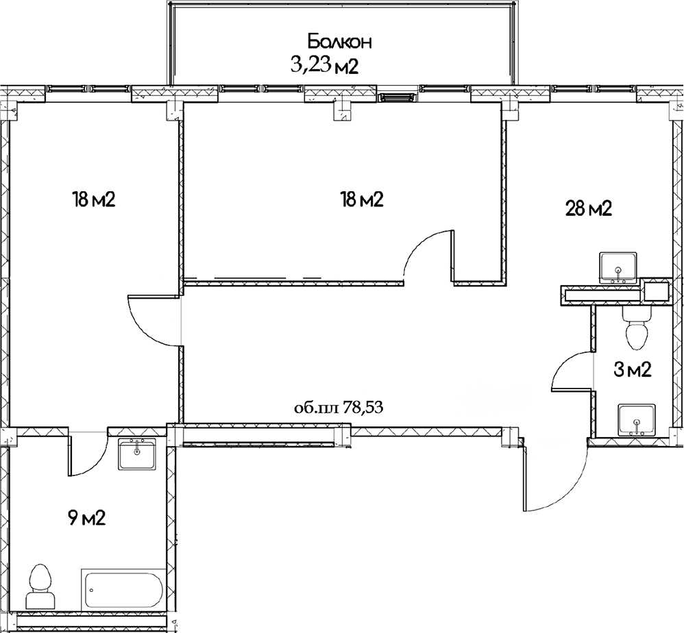 Планировка двухкомнатная 78.53 м² в ЖК «Феникс», корпус 1