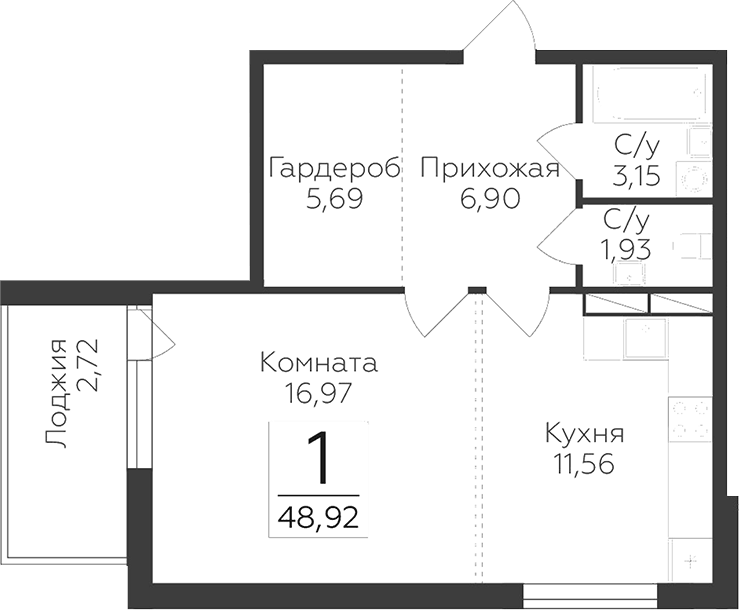 Планировка однокомнатная 48.92 м² в ЖК «Финский квартал», корпус 3