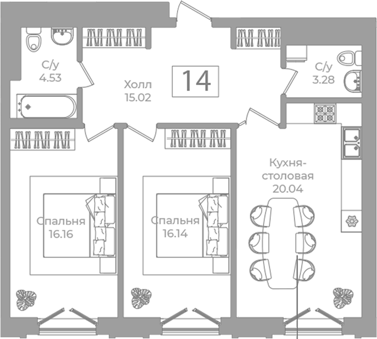 Планировка двухкомнатная 75.17 м² в ЖК «Фонтанка 130», корпус 1