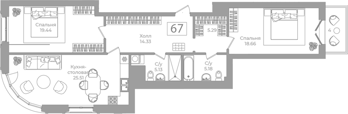 Планировка двухкомнатная 94.74 м² в ЖК «Фонтанка 130», корпус 1
