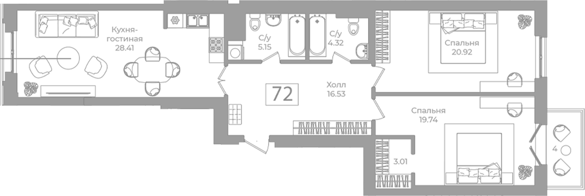 Планировка двухкомнатная 99.28 м² в ЖК «Фонтанка 130», корпус 1