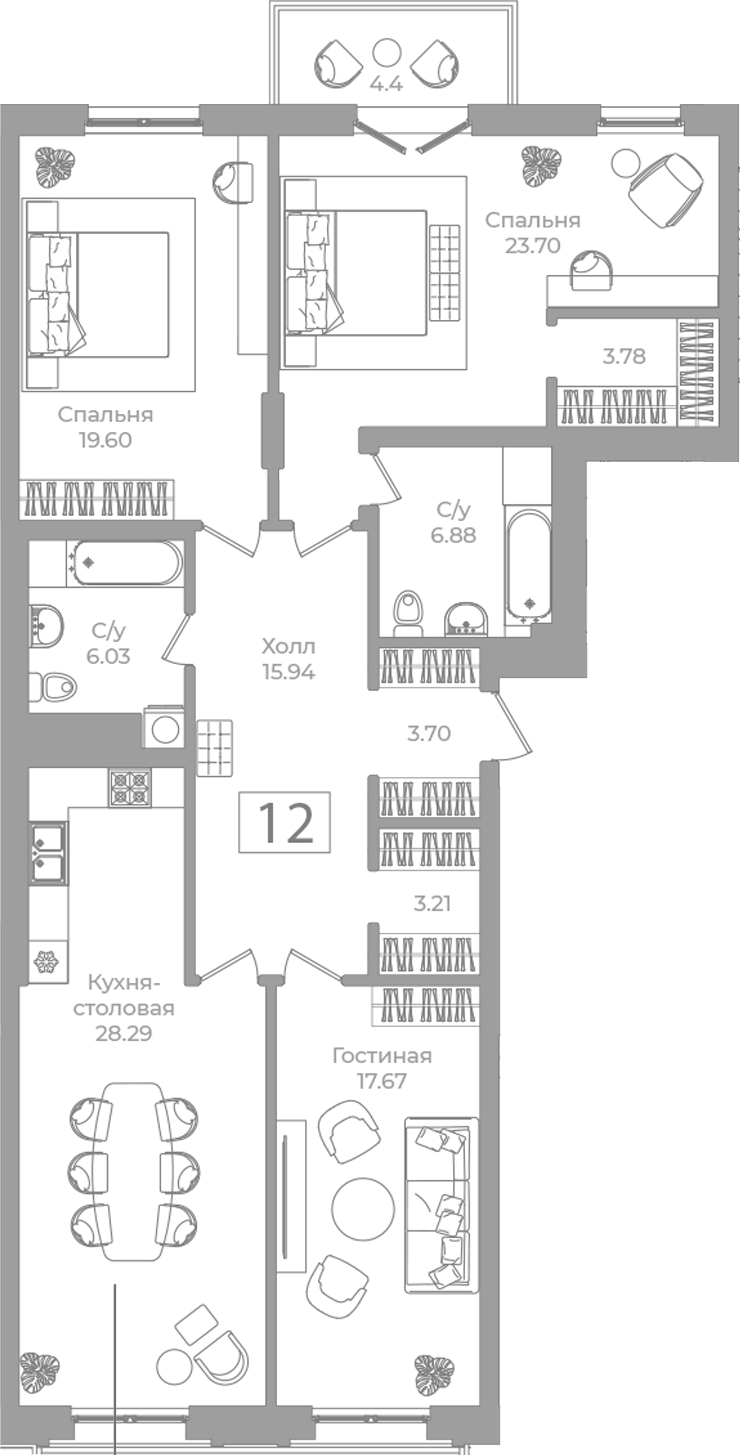 Планировка трёхкомнатная 130.12 м² в ЖК «Фонтанка 130», корпус 1
