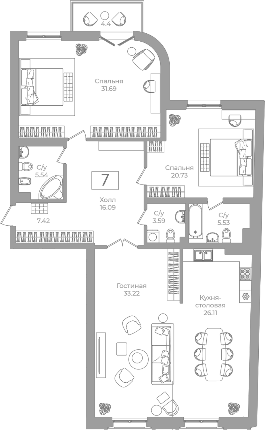 Планировка трёхкомнатная 151.24 м² в ЖК «Фонтанка 130», корпус 1
