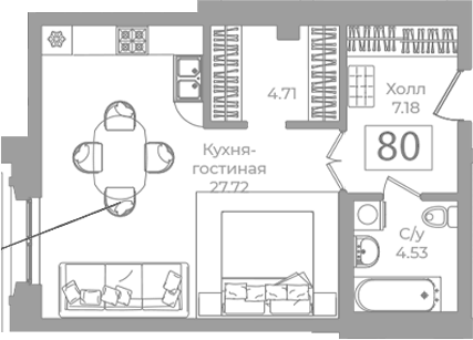 Планировка Студии 44.14 м² в ЖК «Фонтанка 130», корпус 1