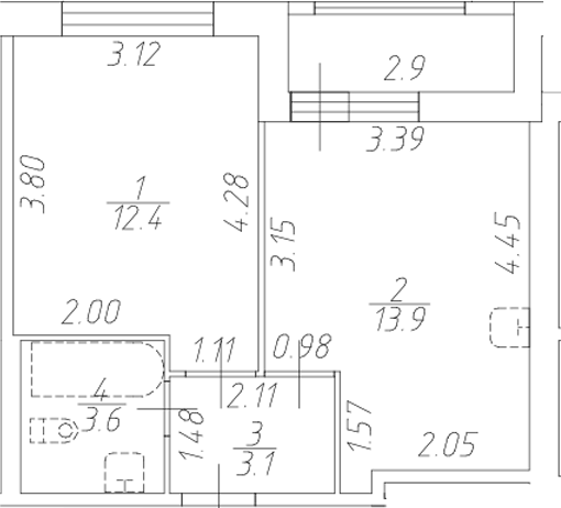 Планировка евродвушка (2Е) 34.45 м² в ЖК «Форест Аквилон», корпус 1в