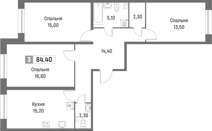 Планировка евро-4 (4Е) 84.4 м² в ЖК «Фотограф», корпус 2