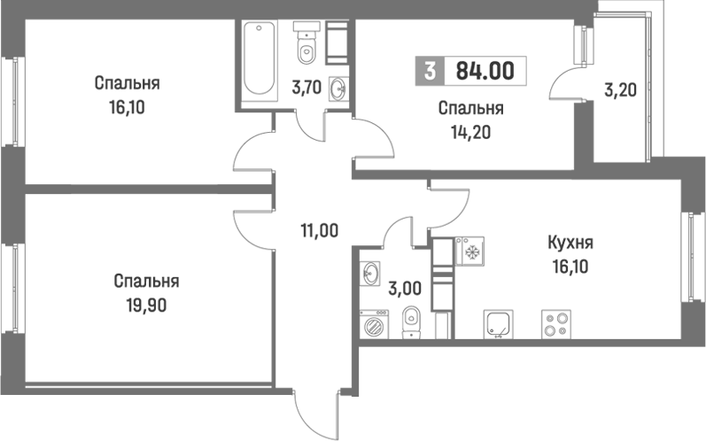 Планировка евро-4 (4Е) 84 м² в ЖК «Фотограф», корпус 1