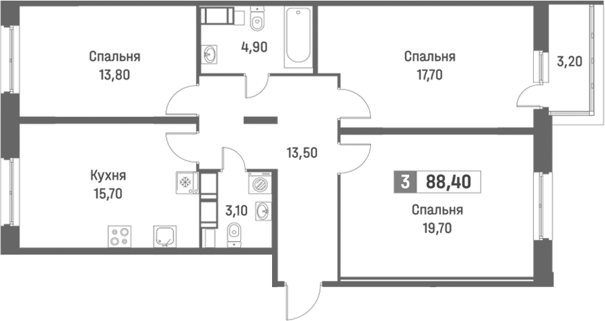 Планировка евро-4 (4Е) 89.36 м² в ЖК «Фотограф», корпус 1