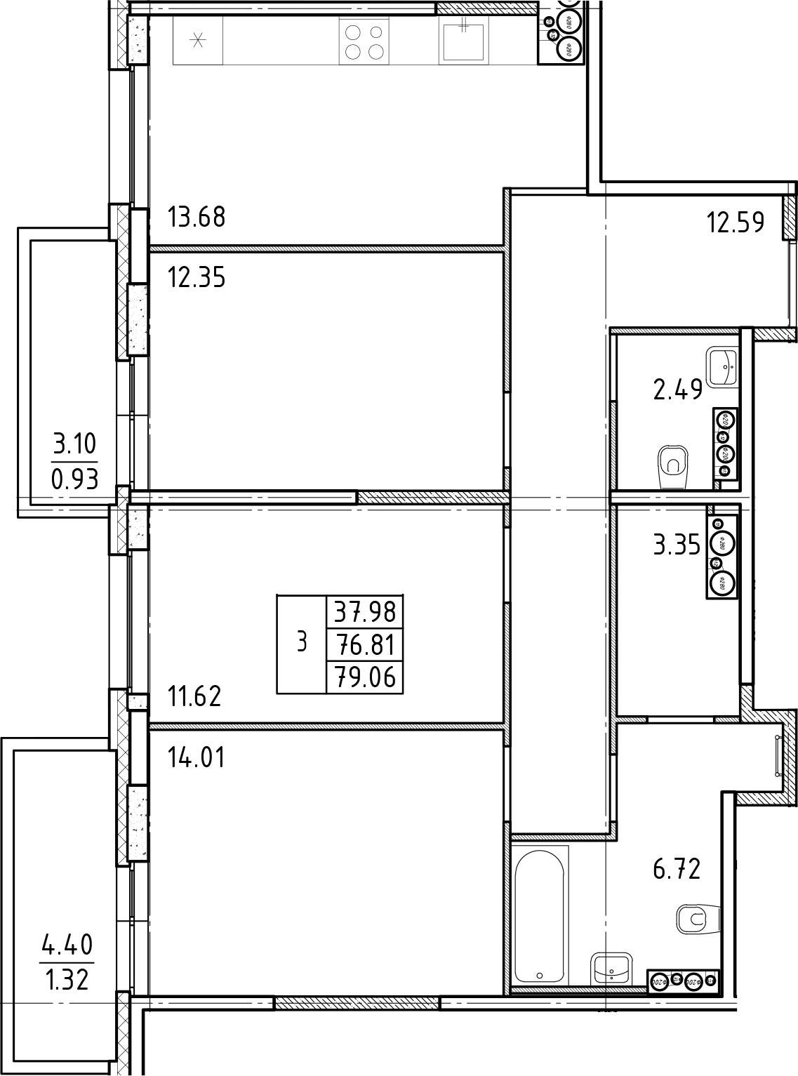 Планировка трёхкомнатная 79.06 м² в ЖК «Френдс», корпус 4.1.2