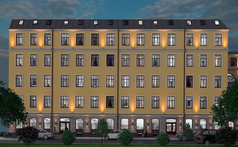 Фурман 1845 от Авеню-Апарт — Фасад целиком: светлая штукатурка, увеличенные окна мансардн