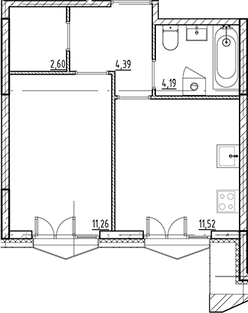 Планировка однокомнатная 33.96 м² в ЖК «Галерная Гавань», корпус 3