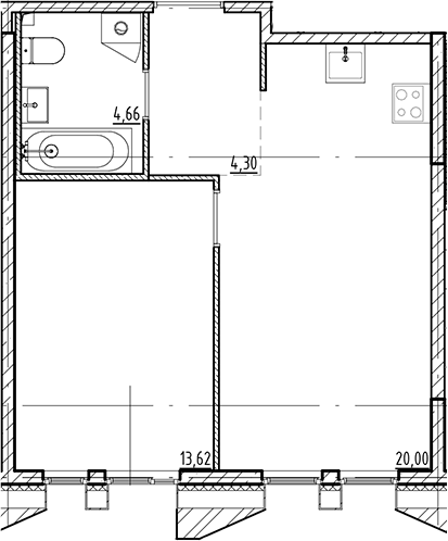 Планировка евродвушка (2Е) 42.58 м² в ЖК «Галерная Гавань», корпус 3
