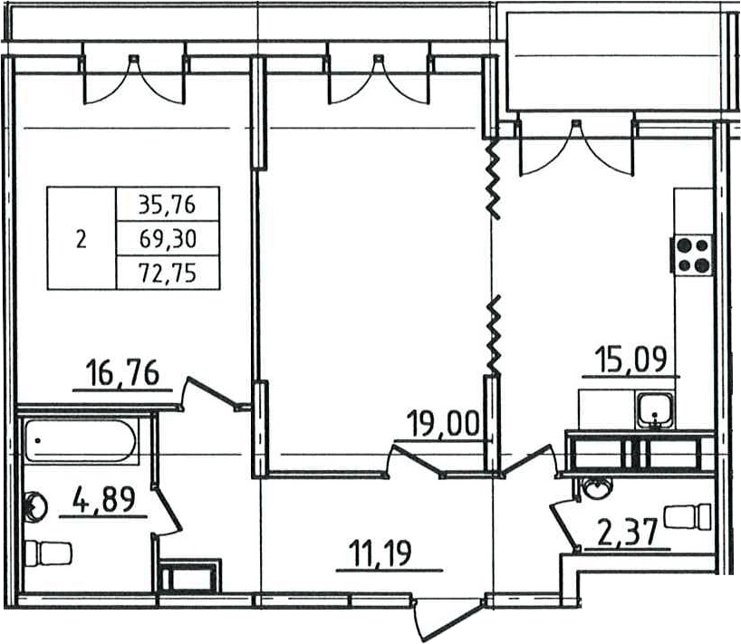 Планировка евротрёшка (3Е) 72.75 м² в ЖК «Гавань Капитанов», корпус Колумб