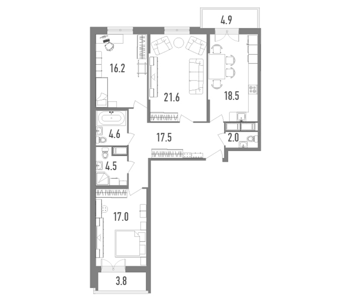 Планировка евро-4 (4Е) 105.27 м² в ЖК «Гавань Капитанов», корпус Нахимов
