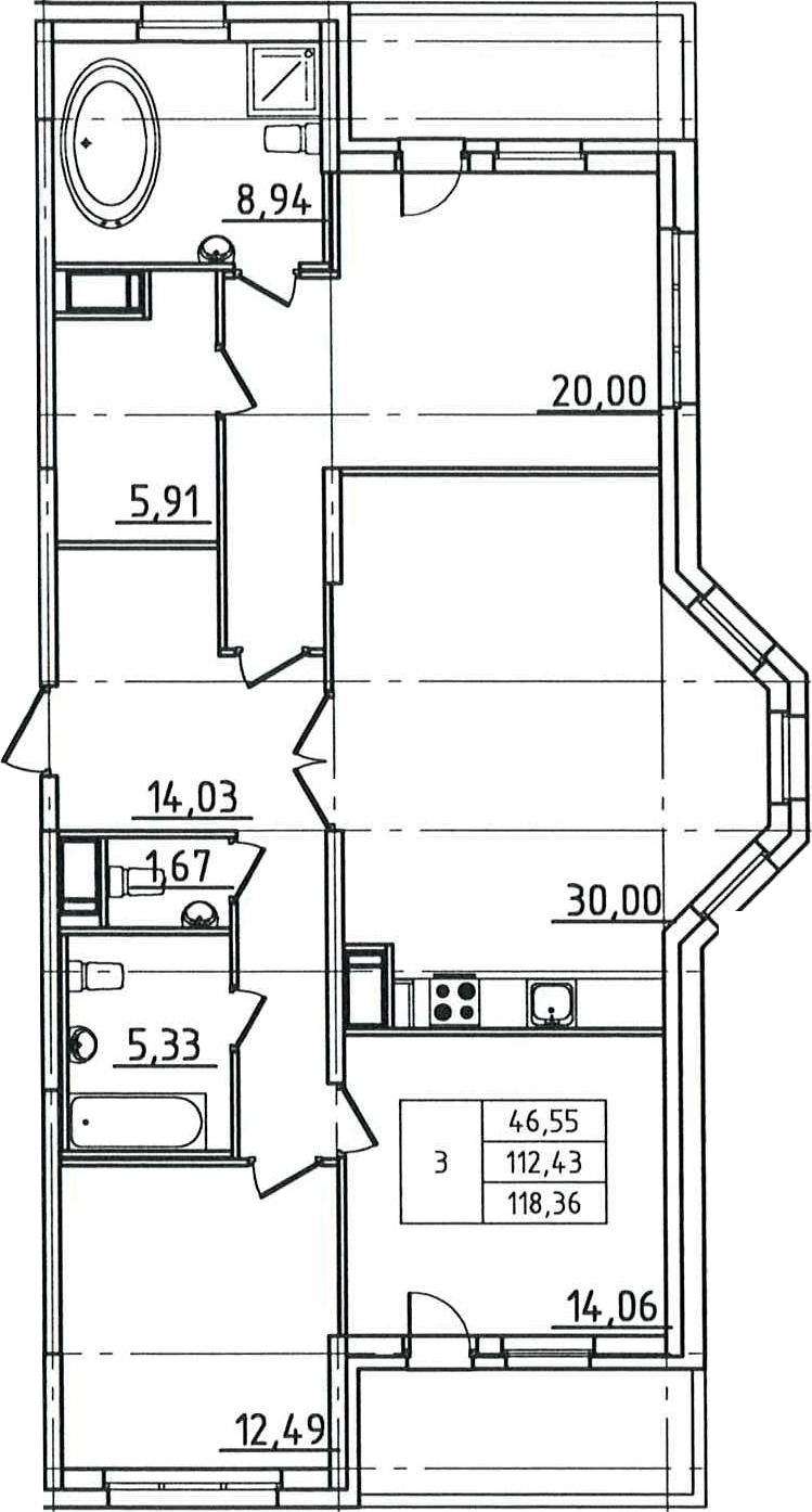 Планировка евро-4 (4Е) 118.36 м² в ЖК «Гавань Капитанов», корпус Колумб