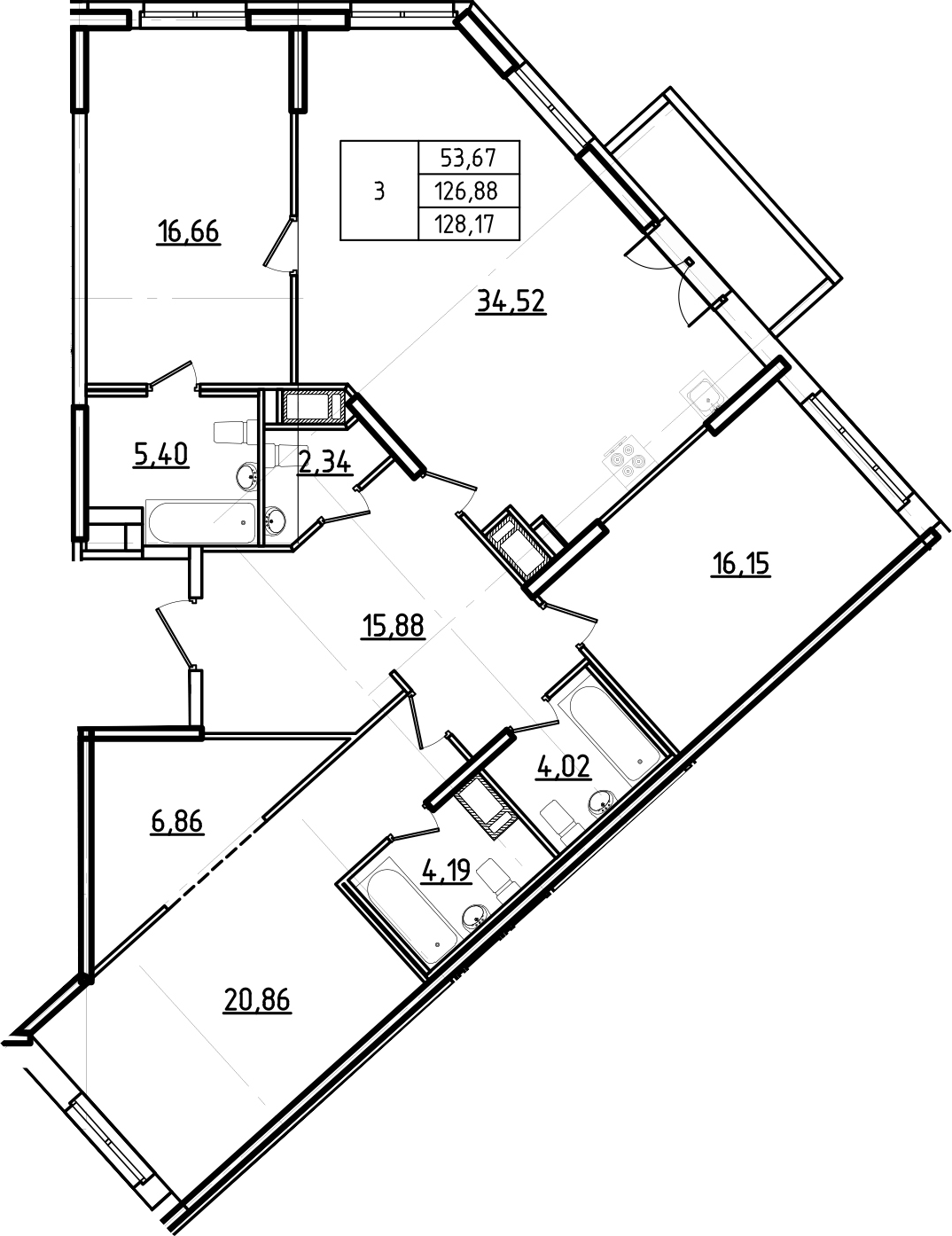 Планировка евро-4 (4Е) 128.17 м² в ЖК «Гавань Капитанов», корпус Нахимов