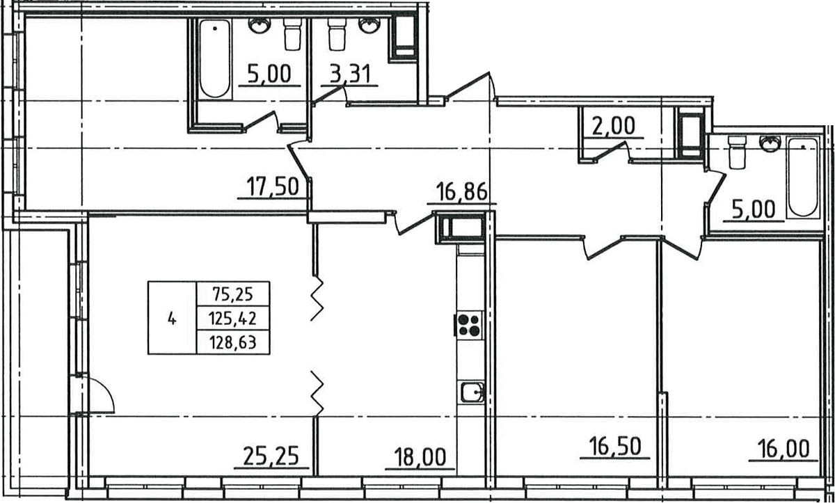 Планировка 5Е-к.кв 128.63 м² в ЖК «Гавань Капитанов», корпус Колумб