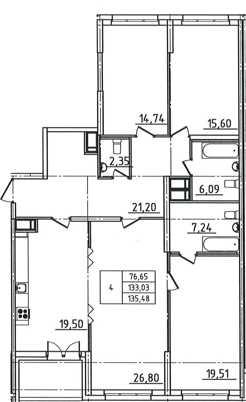 Планировка 5Е-к.кв 135.48 м² в ЖК «Гавань Капитанов», корпус Колумб