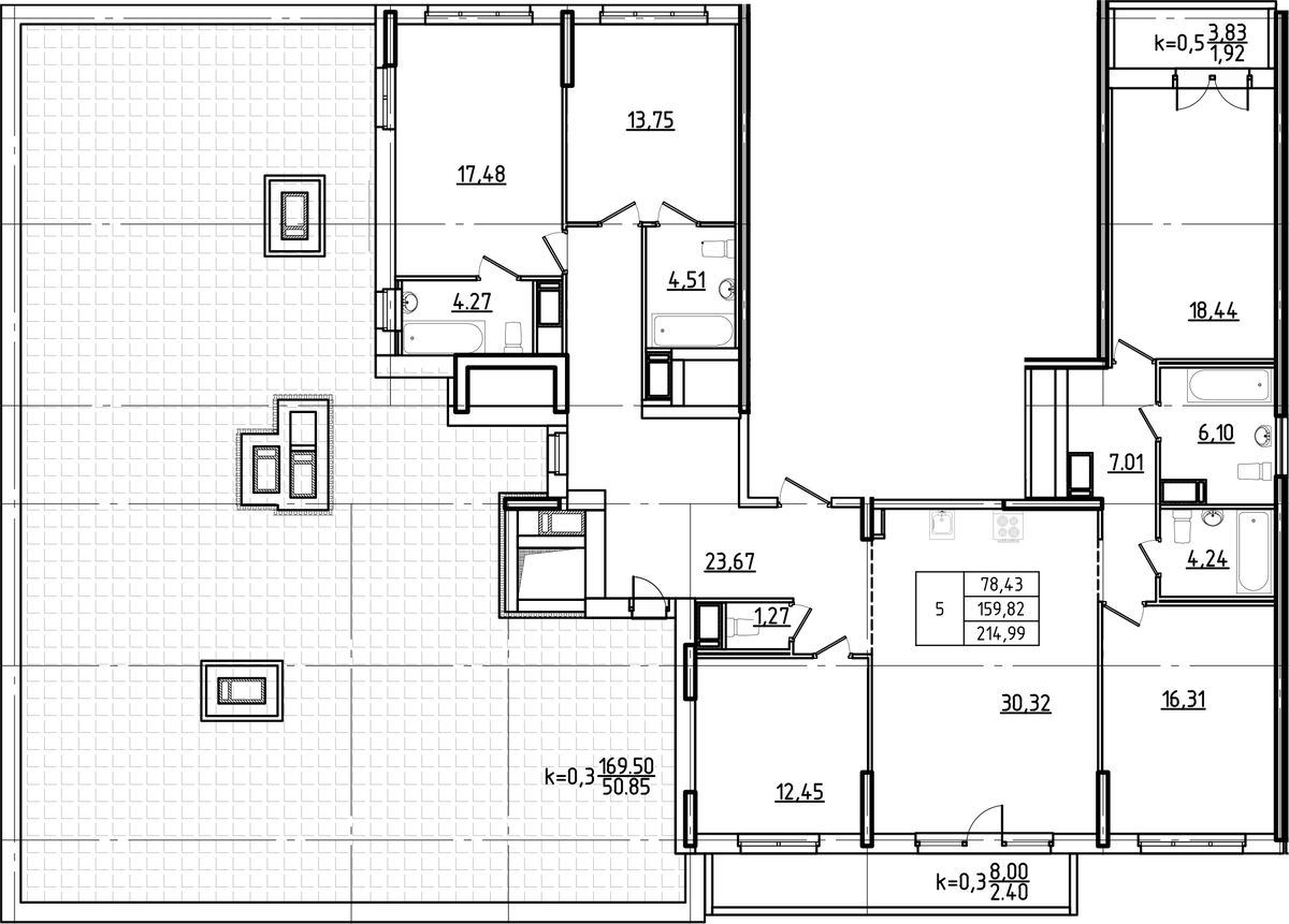 Планировка пятикомнатная 224.4 м² в ЖК «Гавань Капитанов», корпус Нахимов