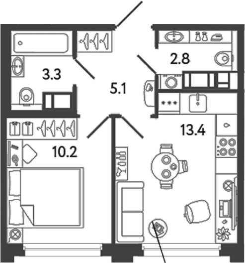 Планировка однокомнатная 34.8 м² в ЖК «Гений», корпус 6
