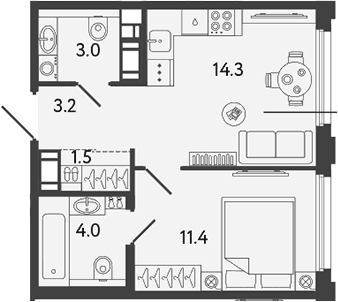 Планировка однокомнатная 37.4 м² в ЖК «Гений», корпус 5