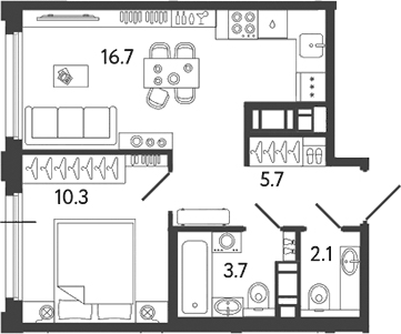 Планировка евродвушка (2Е) 38.5 м² в ЖК «Гений», корпус 5