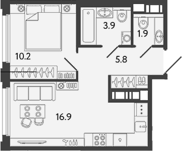 Планировка евродвушка (2Е) 38.7 м² в ЖК «Гений», корпус 5