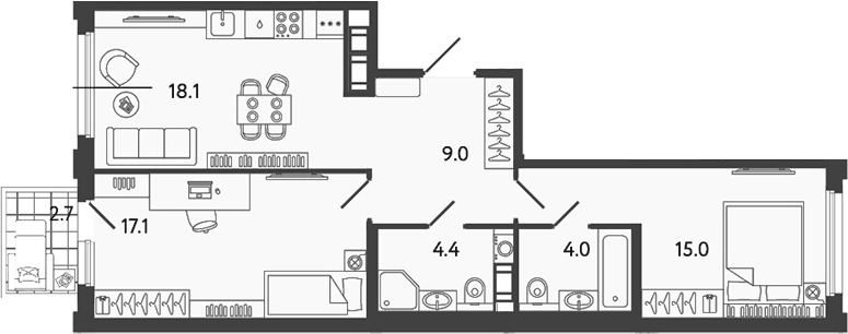 Планировка евротрёшка (3Е) 68.41 м² в ЖК «Гений», корпус 5
