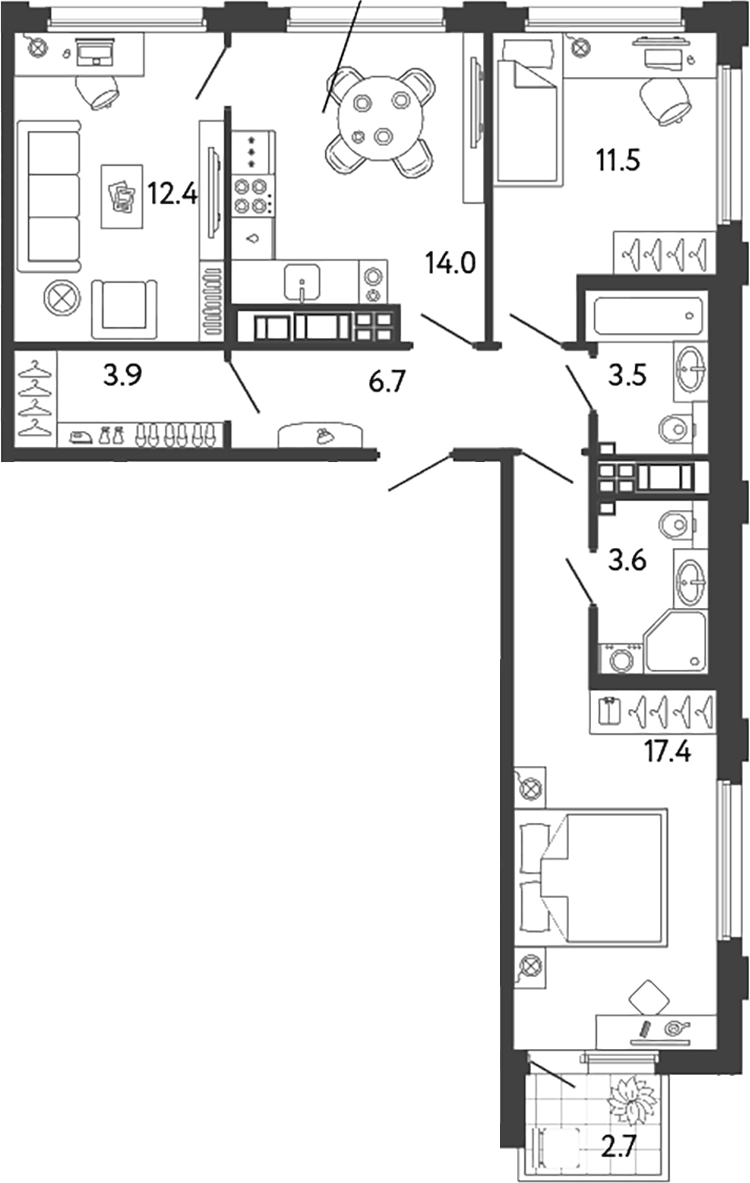 Планировка трёхкомнатная 73.81 м² в ЖК «Гений», корпус 4