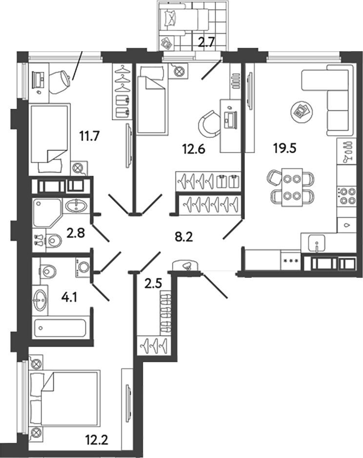 Планировка евро-4 (4Е) 74.41 м² в ЖК «Гений», корпус 3