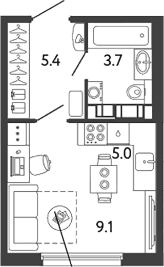 Планировка Студии 23.2 м² в ЖК «Гений», корпус 4