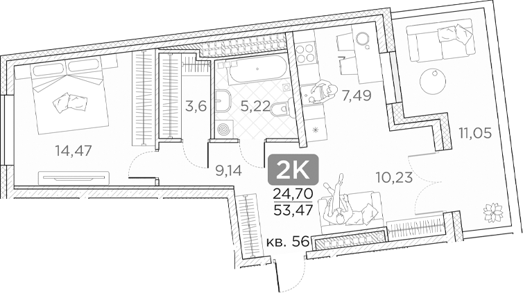 Планировка однокомнатная 53.47 м² в ЖК «Гильдия», корпус 1