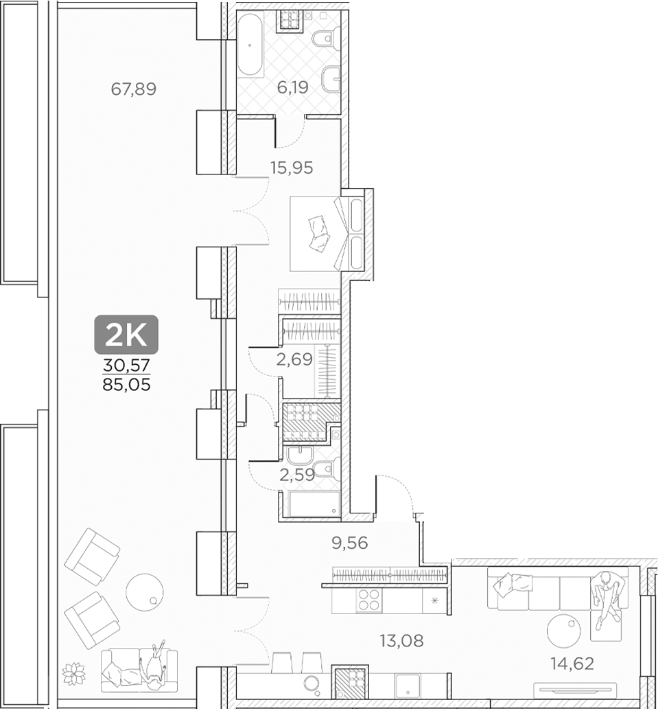 Планировка двухкомнатная 85.05 м² в ЖК «Гильдия», корпус 1