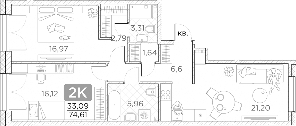 Планировка евротрёшка (3Е) 74.61 м² в ЖК «Гильдия», корпус 1