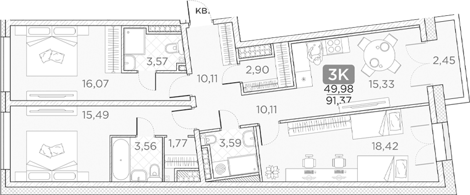 Планировка трёхкомнатная 91.37 м² в ЖК «Гильдия», корпус 1
