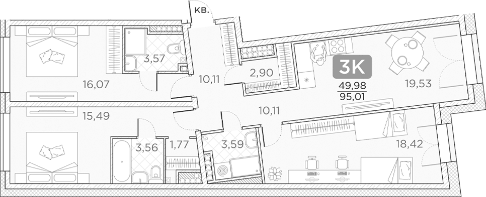 Планировка евро-4 (4Е) 95.01 м² в ЖК «Гильдия», корпус 1