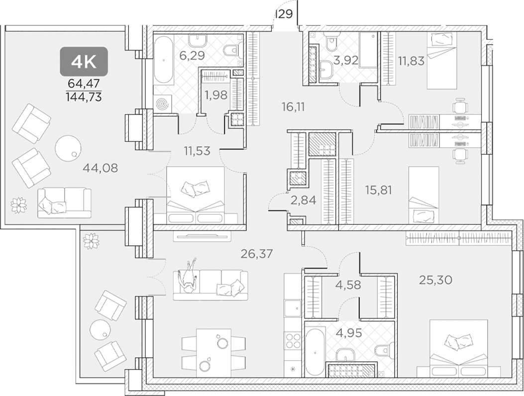 Планировка 5Е-к.кв 144.73 м² в ЖК «Гильдия», корпус 1