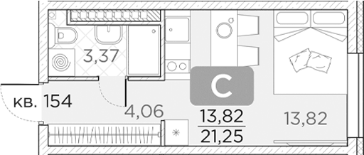 Планировка Студии 21.25 м² в ЖК «Гильдия», корпус 1