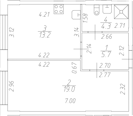 Планировка однокомнатная 42.2 м² в ЖК «Полет», корпус 1
